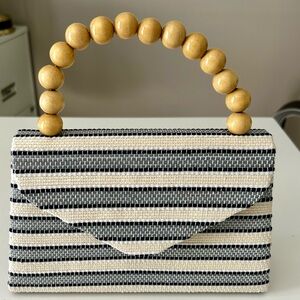 Striped Straw Top-Handle Bag with Wood Bead Handle